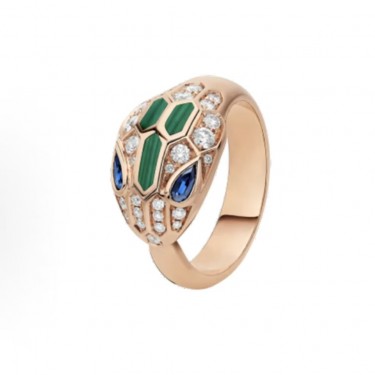 불가리 세르펜티 스네이크 디테일 18K 로즈골드 말라카이트 다이아몬드 반지 여성용