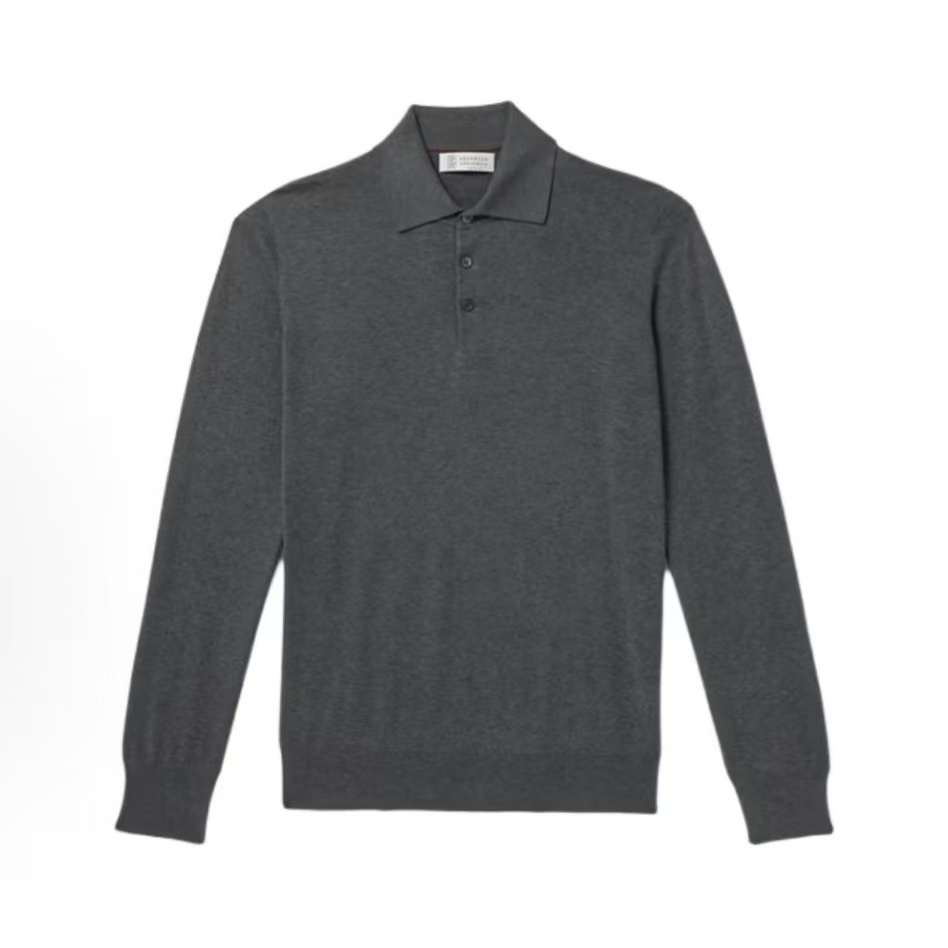 브루넬로 쿠치넬리 솔리드 라운드넥 직통 긴팔 폴로셔츠 남성용 그레이 (B+공장)