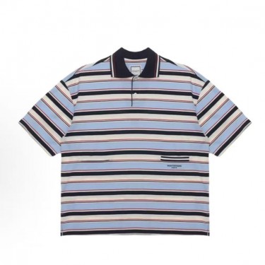 우영미 SS25 스트라이프 심플 반팔 티셔츠 남성용 블루
