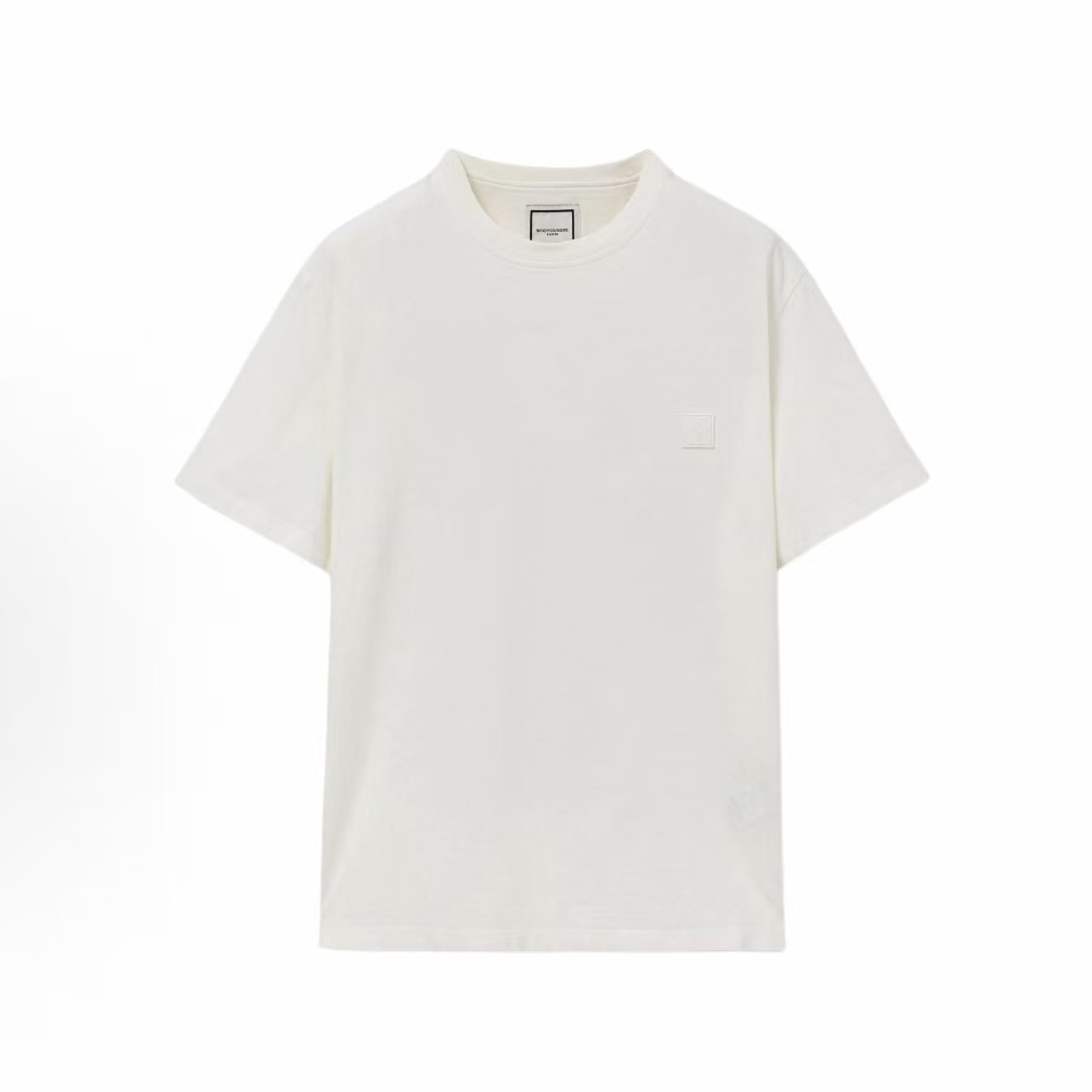 우영미 남녀공용 플라워 백 레터 프린트 라운드넥 반팔 티셔츠 화이트 베이지