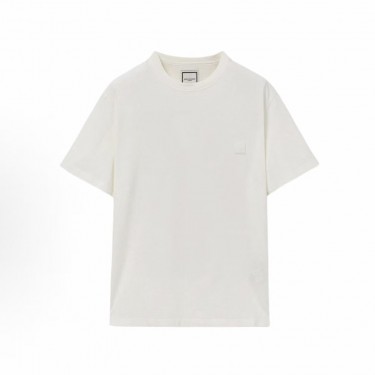 우영미 남녀공용 플라워 백 레터 프린트 라운드넥 반팔 티셔츠 화이트 베이지