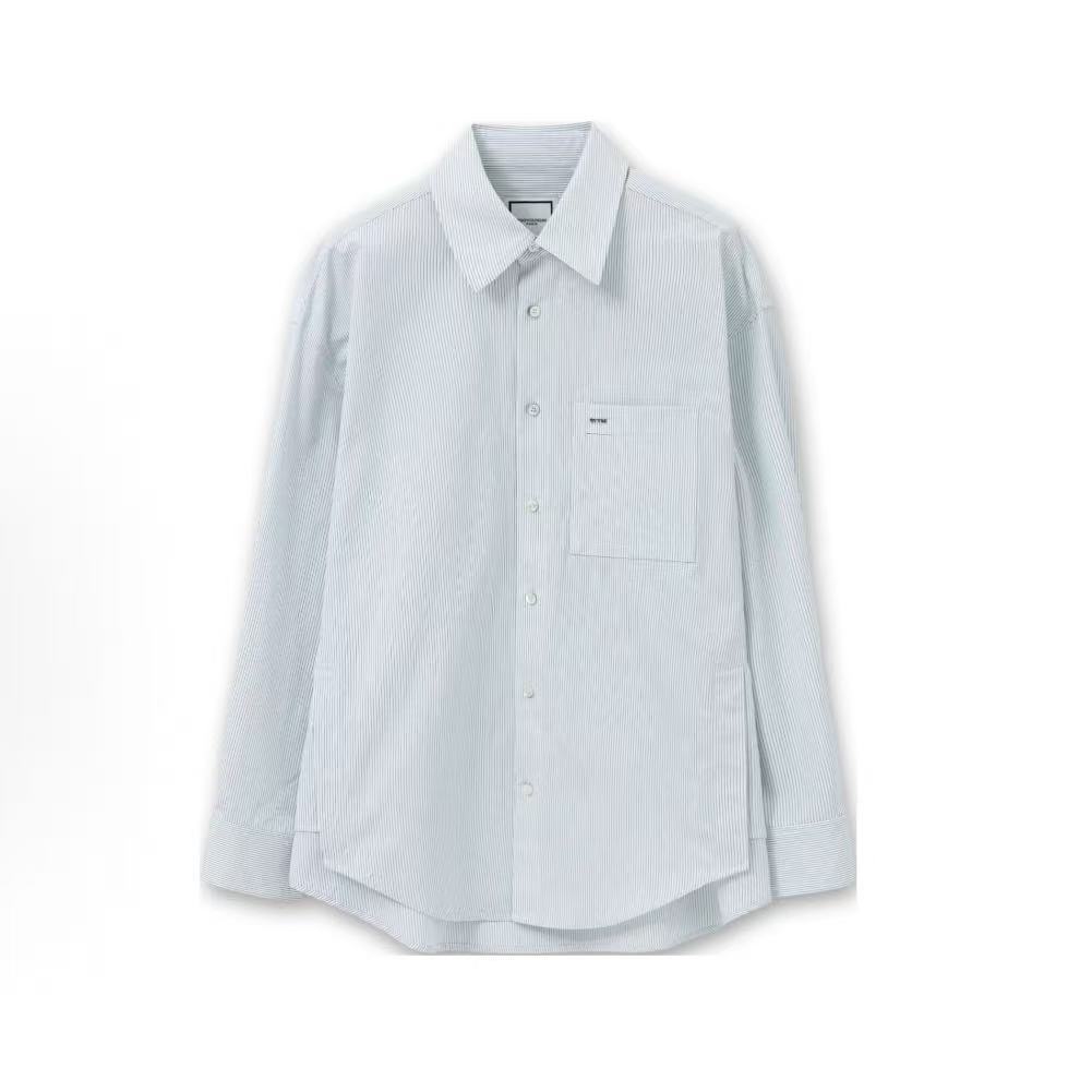우영미스트라이프 싱글버튼 긴팔 셔츠 남성용 연블루