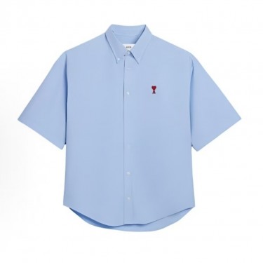 아미파리 단색 카라 버튼 로고 자수 하트 루즈핏 반소매 셔츠 블루 (탑아미공장)