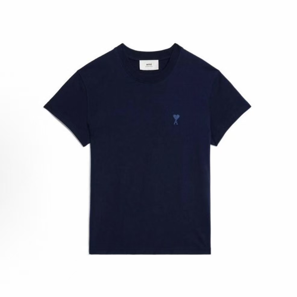 아미파리  SS23 솔리드 컬러 하트 자수 라운드넥 반팔 티셔츠 네이비 (탑아미공장)