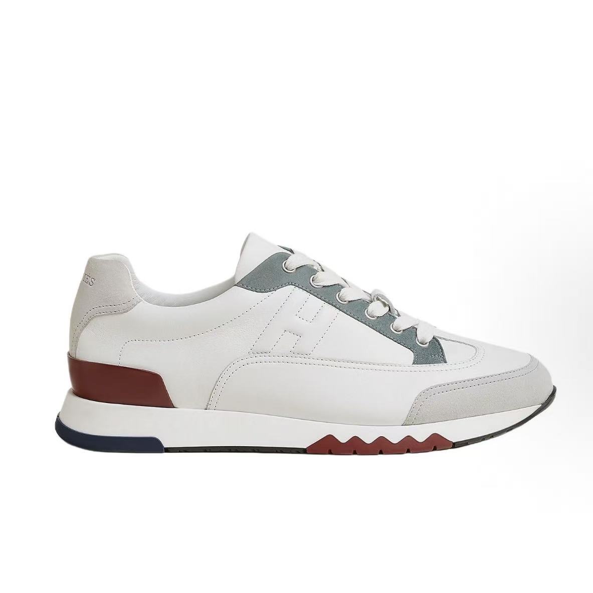 에르메스 Trail 송아지가죽 레이스업 라운드 토 로우탑 데일리 캐주얼 슈즈 남성용 화이트