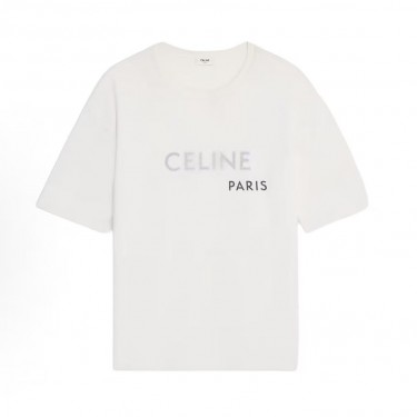 셀린느 SS26 봄 시즌 프린트 자수 더블 레이어 코마 코튼 니트 반팔 티셔츠 화이트 (X공장)